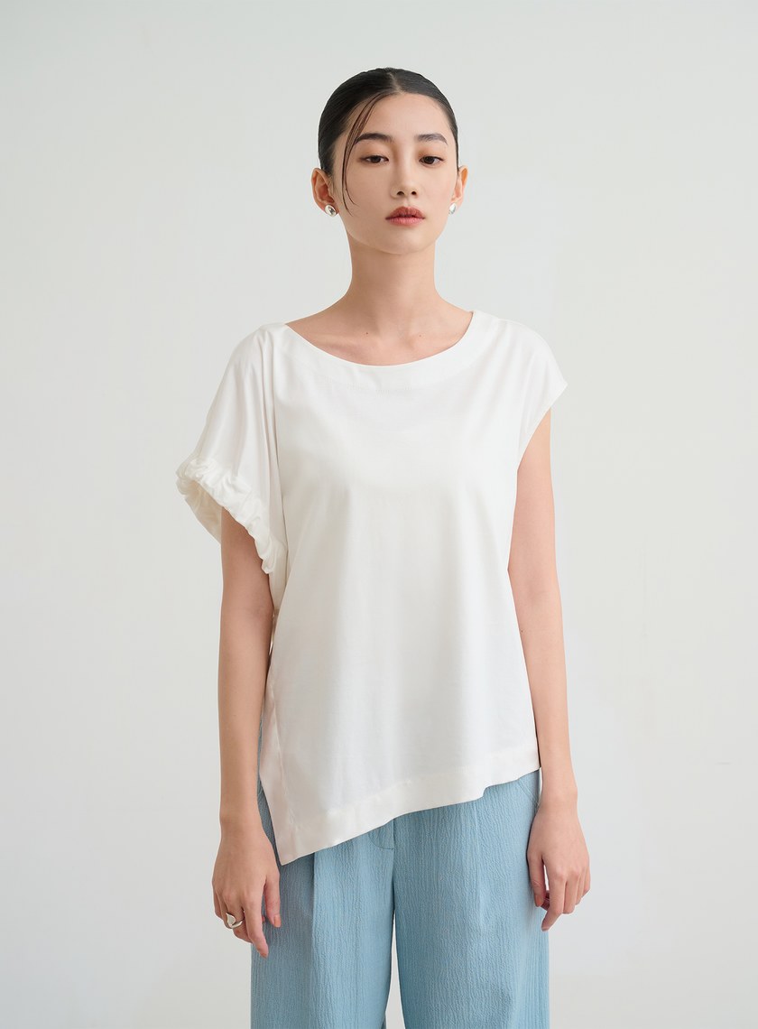 不對稱袖口抽皺上衣