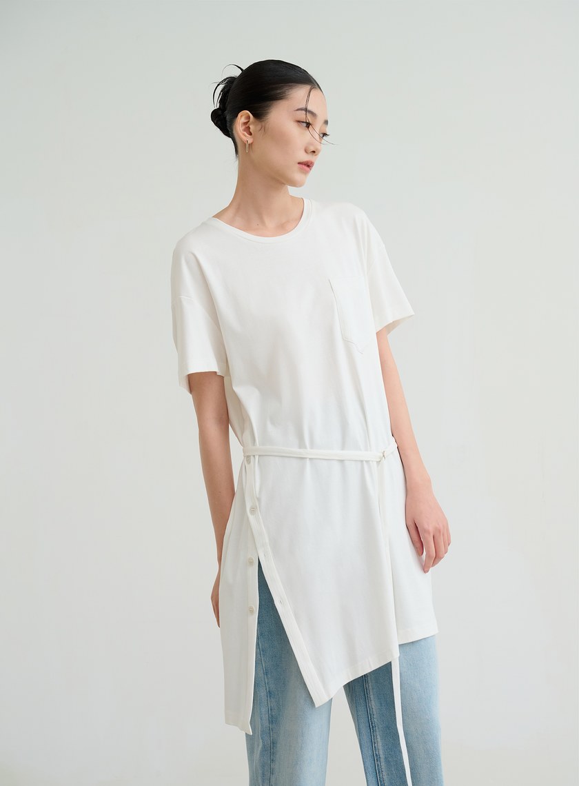 異材質長版綁帶上衣