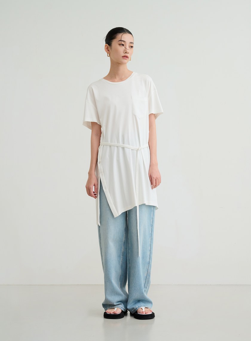 異材質長版綁帶上衣