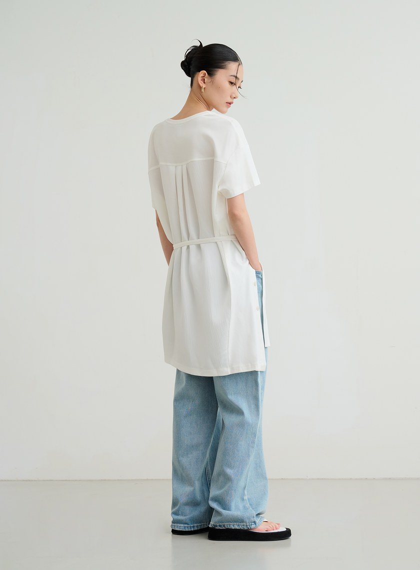 異材質長版綁帶上衣