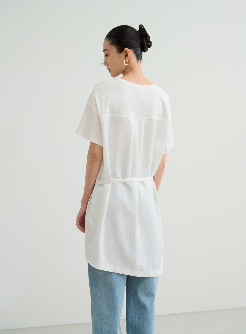 異材質長版綁帶上衣