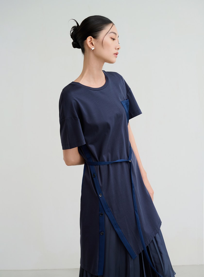 異材質長版綁帶上衣