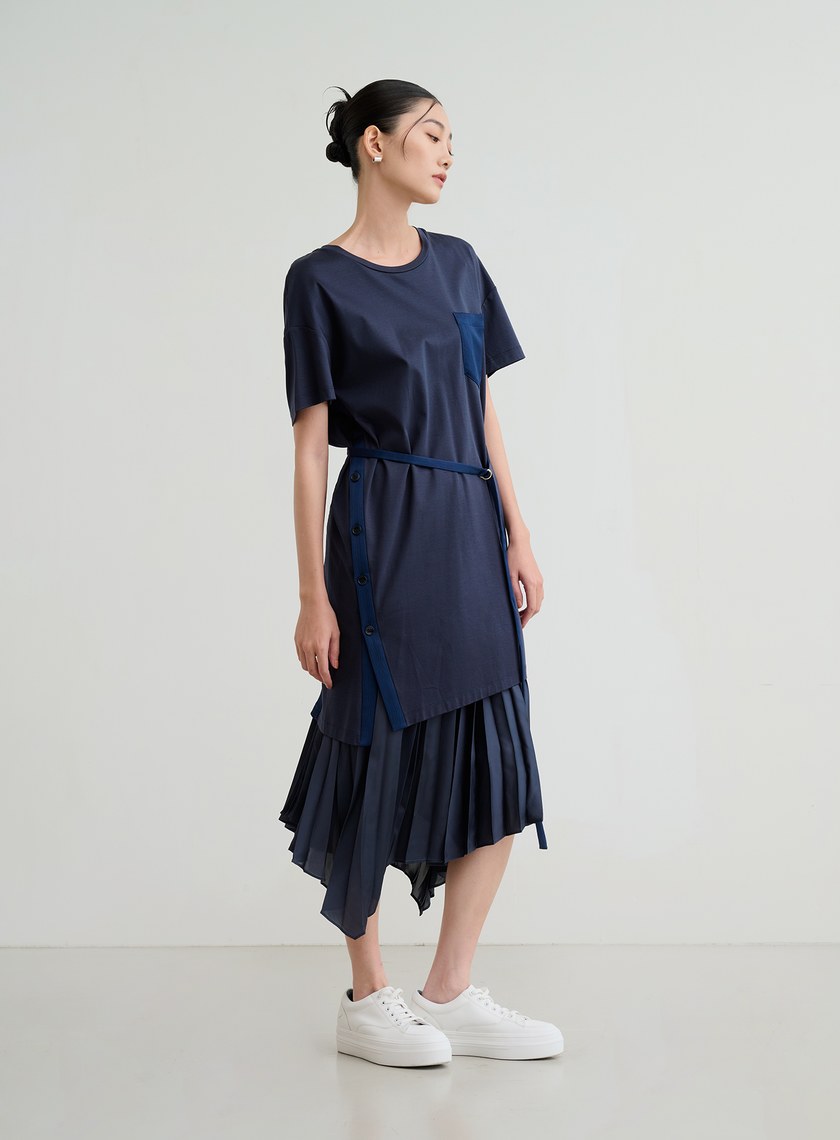 異材質長版綁帶上衣