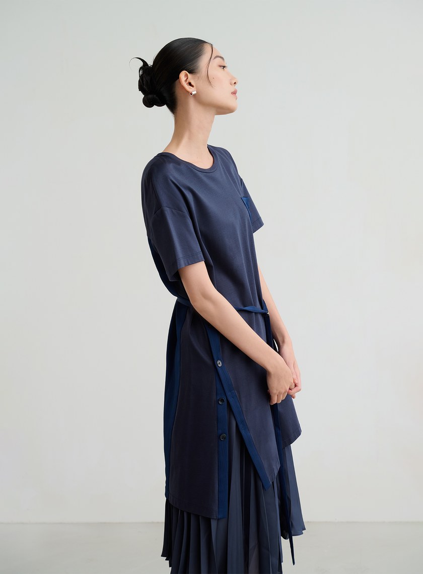 異材質長版綁帶上衣