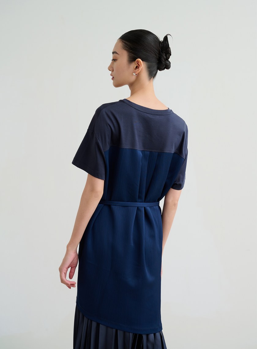 異材質長版綁帶上衣