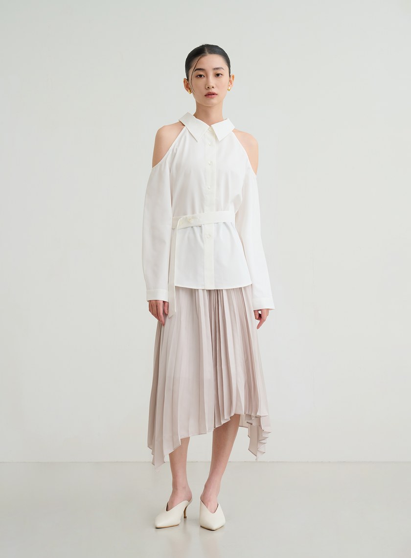 不對稱光澤細摺裙