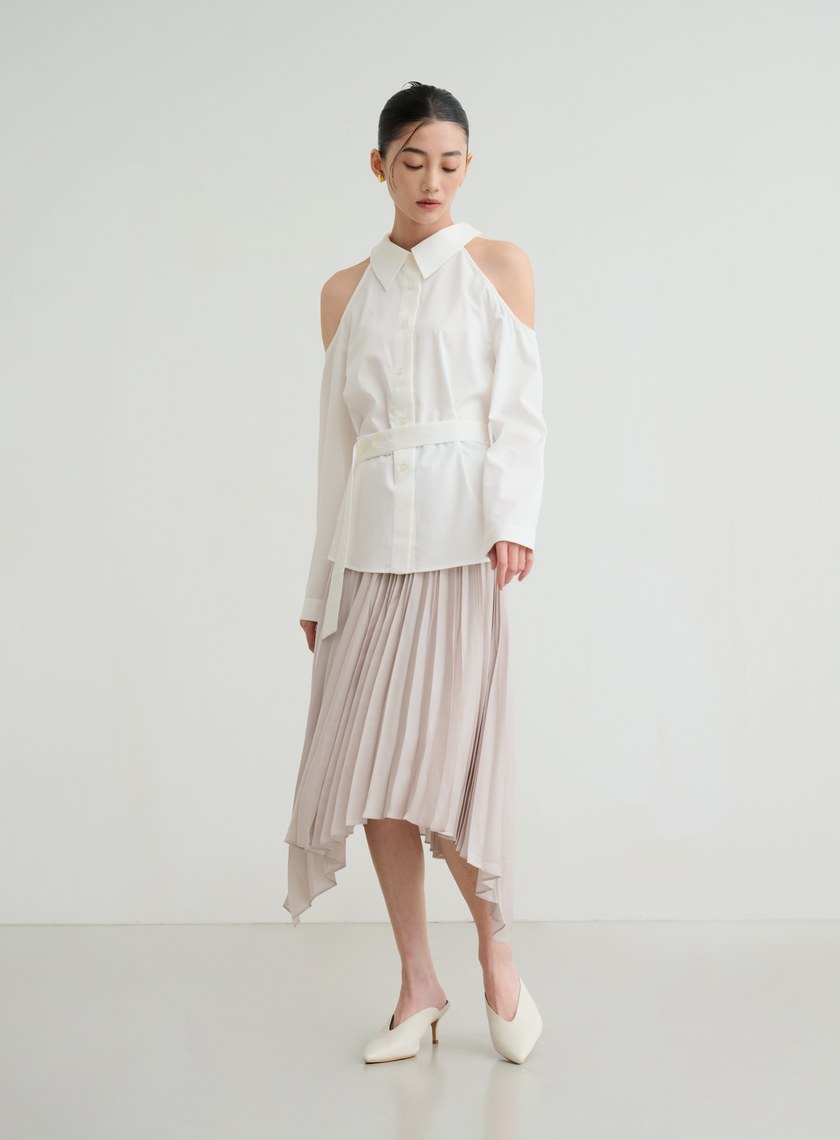 不對稱光澤細摺裙