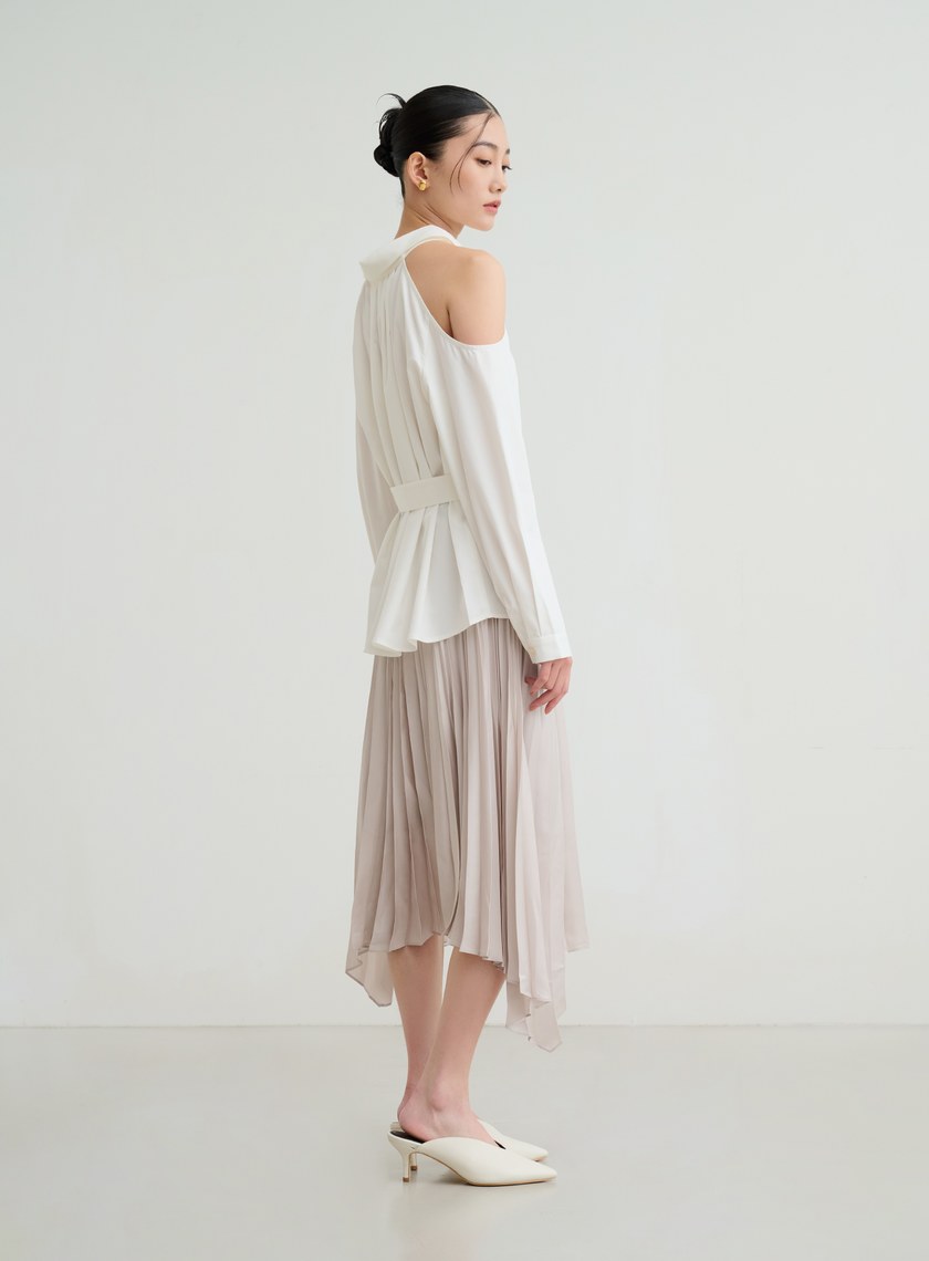 不對稱光澤細摺裙