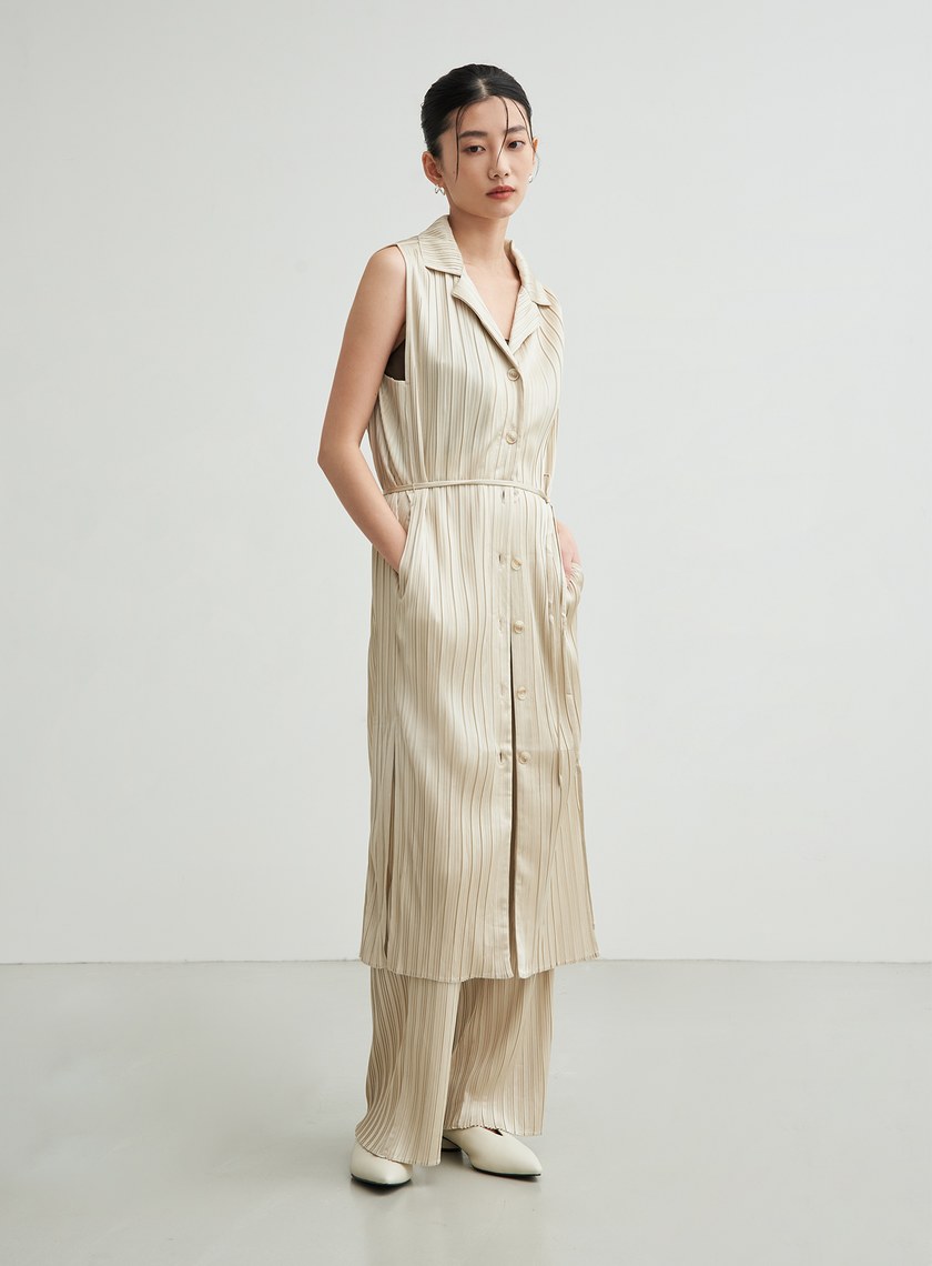 無袖壓摺綁帶飄逸洋裝