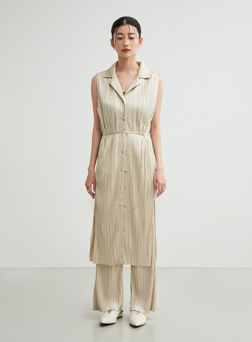 無袖壓摺綁帶飄逸洋裝