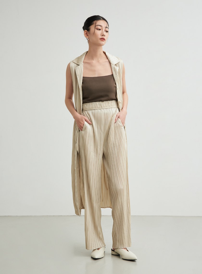 無袖壓摺綁帶飄逸洋裝