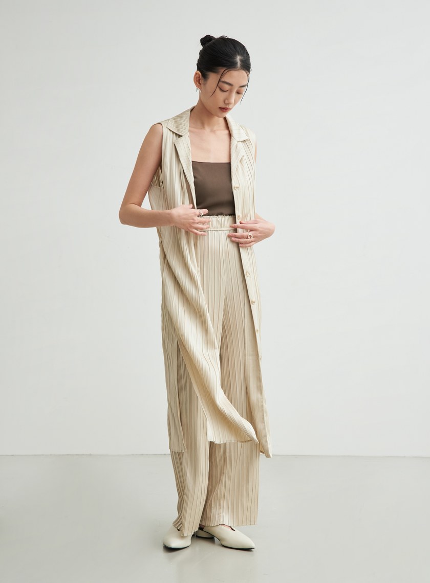 無袖壓摺綁帶飄逸洋裝