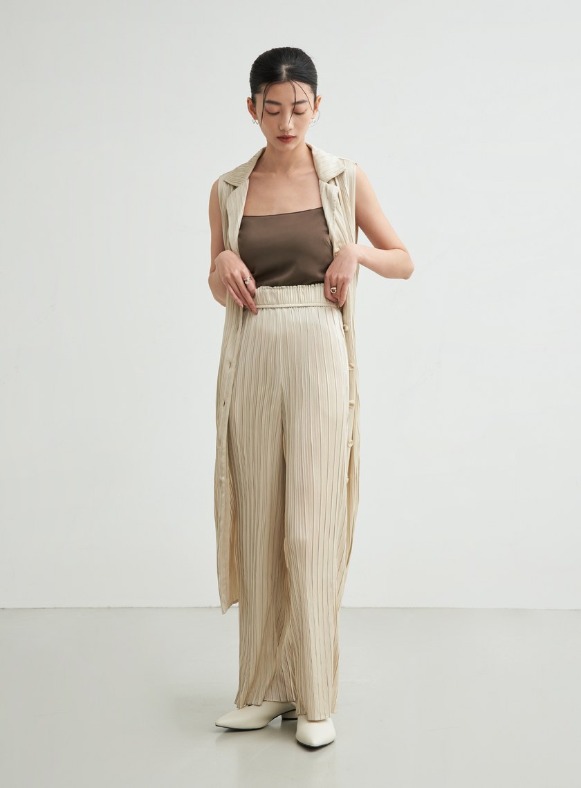 無袖壓摺綁帶飄逸洋裝