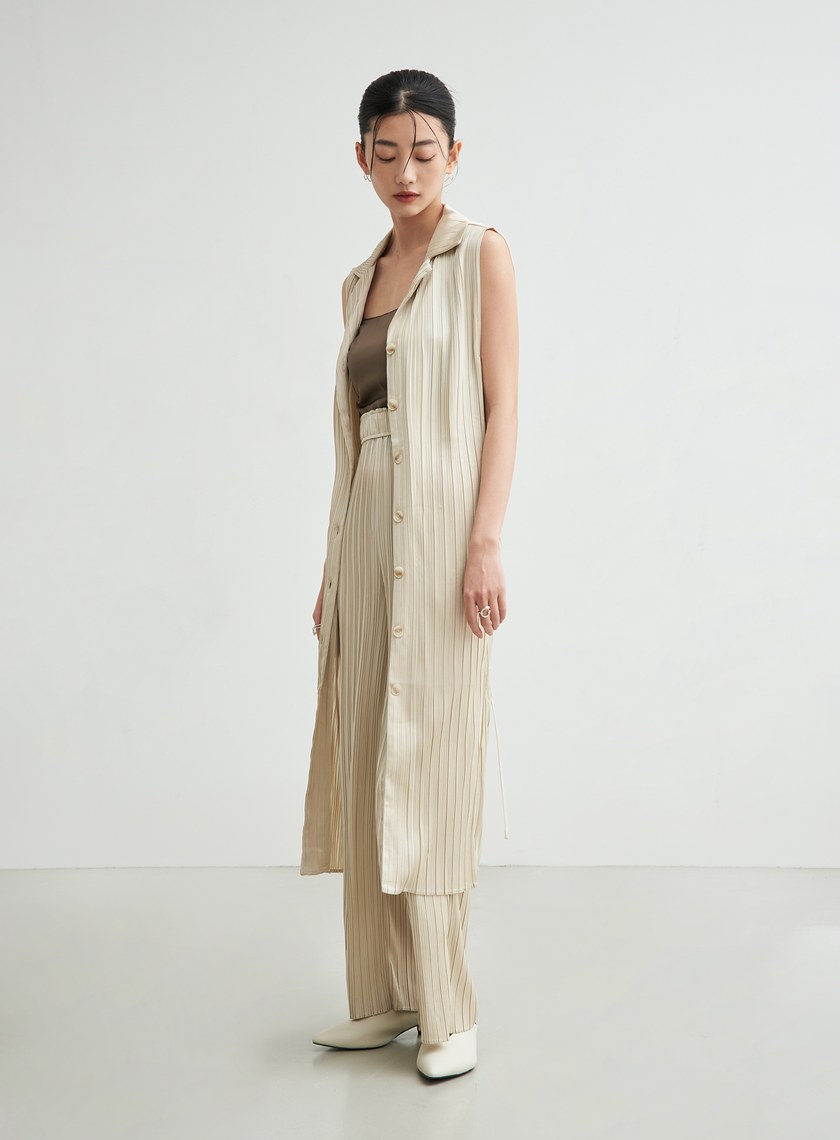 無袖壓摺綁帶飄逸洋裝