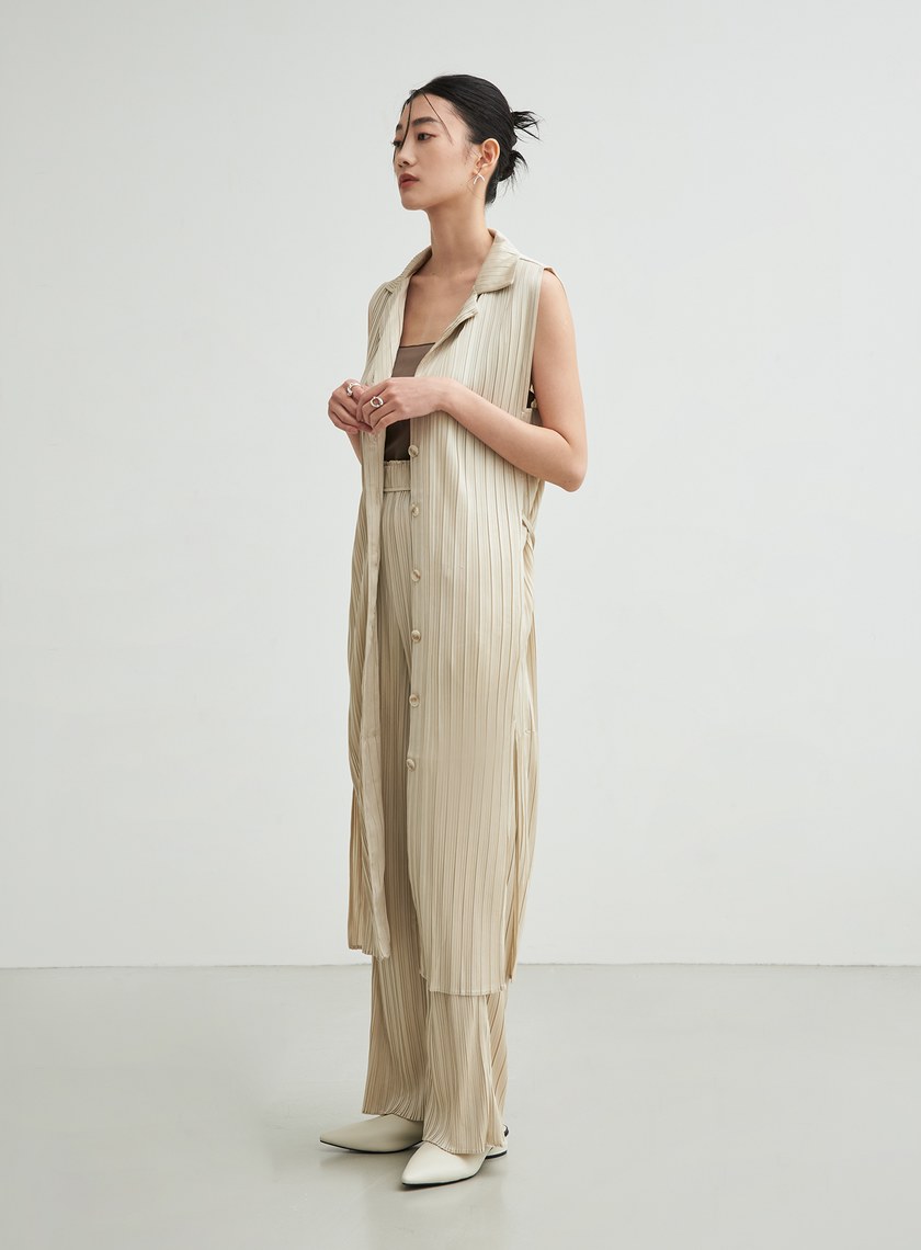 無袖壓摺綁帶飄逸洋裝