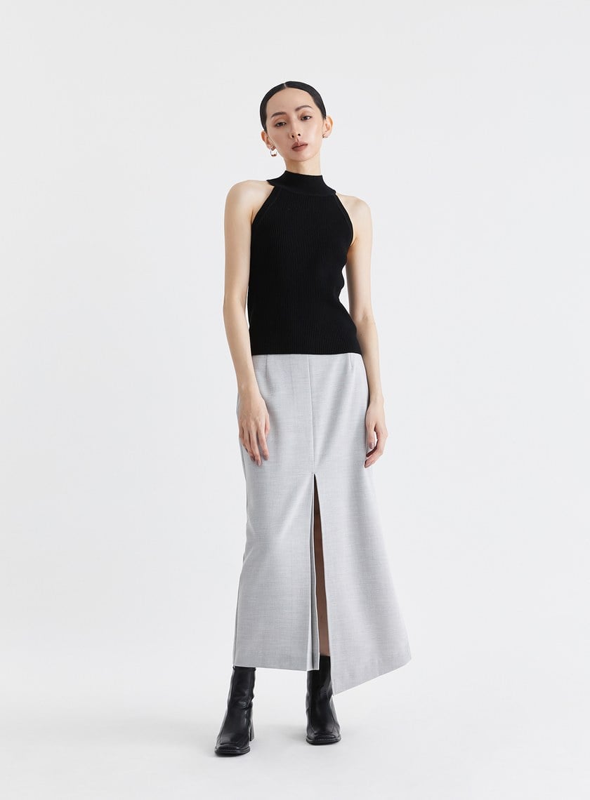 雙色織紋不對稱開衩長裙