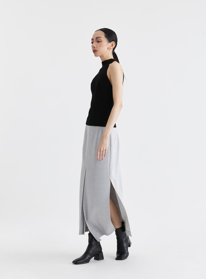 雙色織紋不對稱開衩長裙