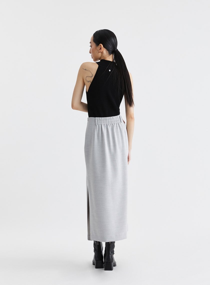 雙色織紋不對稱開衩長裙