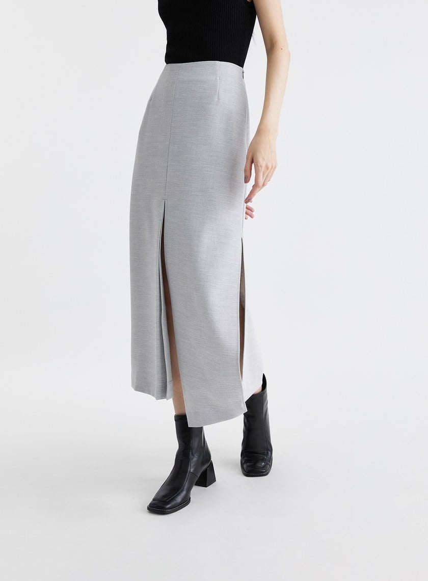 雙色織紋不對稱開衩長裙