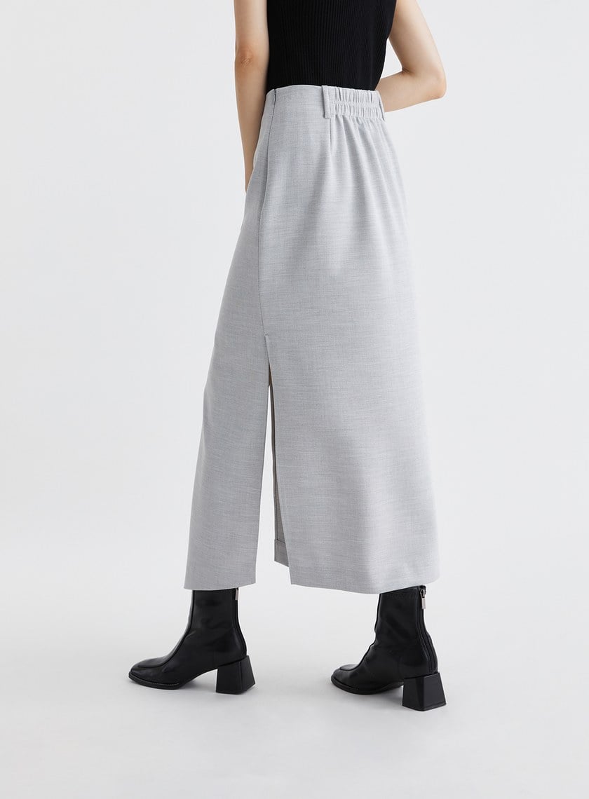 雙色織紋不對稱開衩長裙