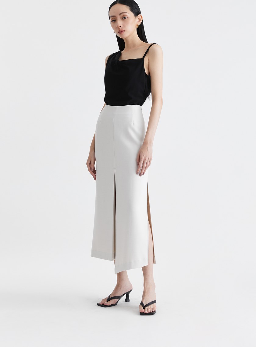 雙色織紋不對稱開衩長裙