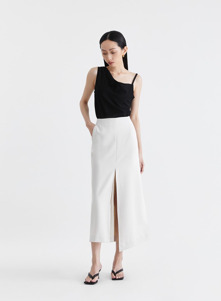 雙色織紋不對稱開衩長裙