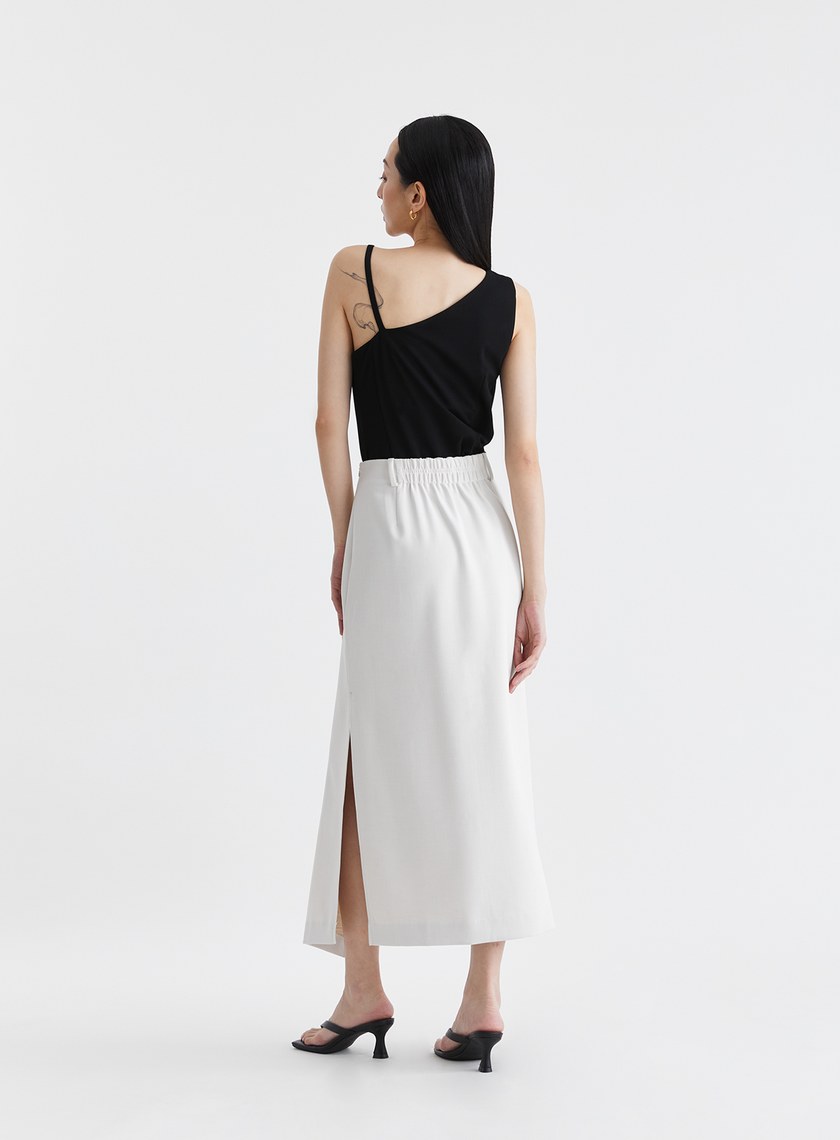 雙色織紋不對稱開衩長裙