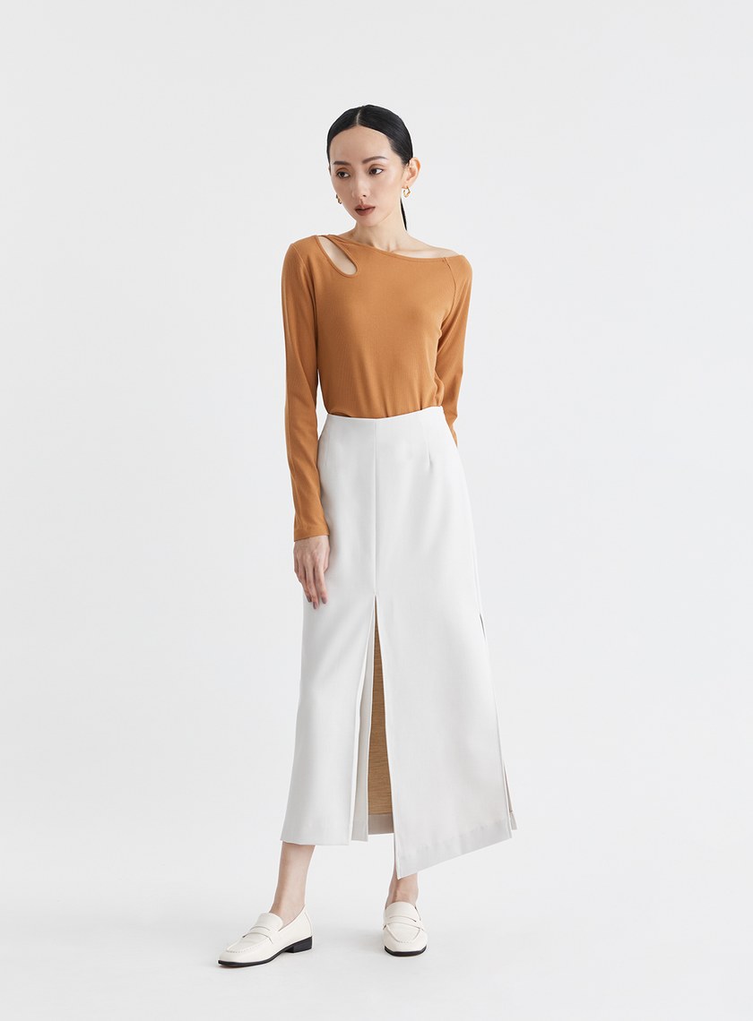 雙色織紋不對稱開衩長裙