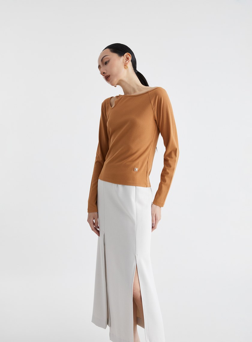 雙色織紋不對稱開衩長裙