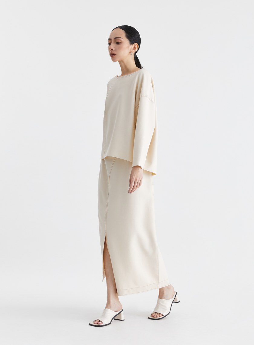 撞色壓線弧形開衩直筒長裙