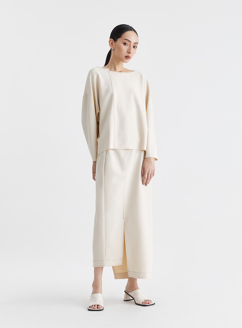 撞色壓線弧形開衩直筒長裙