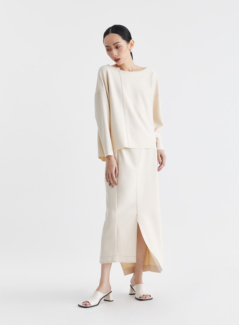 撞色壓線弧形開衩直筒長裙