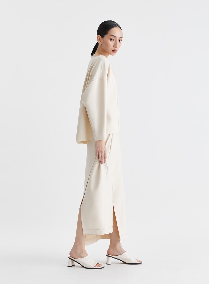 撞色壓線弧形開衩直筒長裙