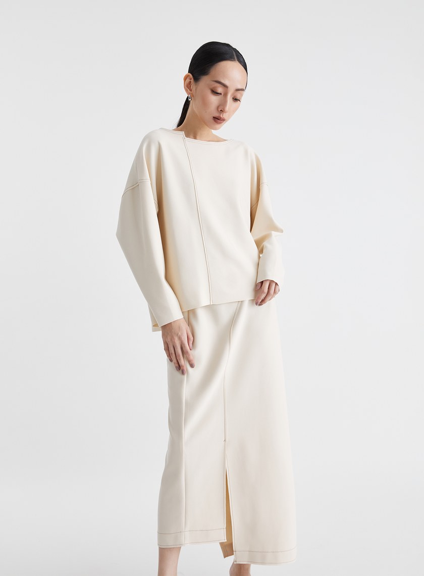 撞色壓線弧形開衩直筒長裙