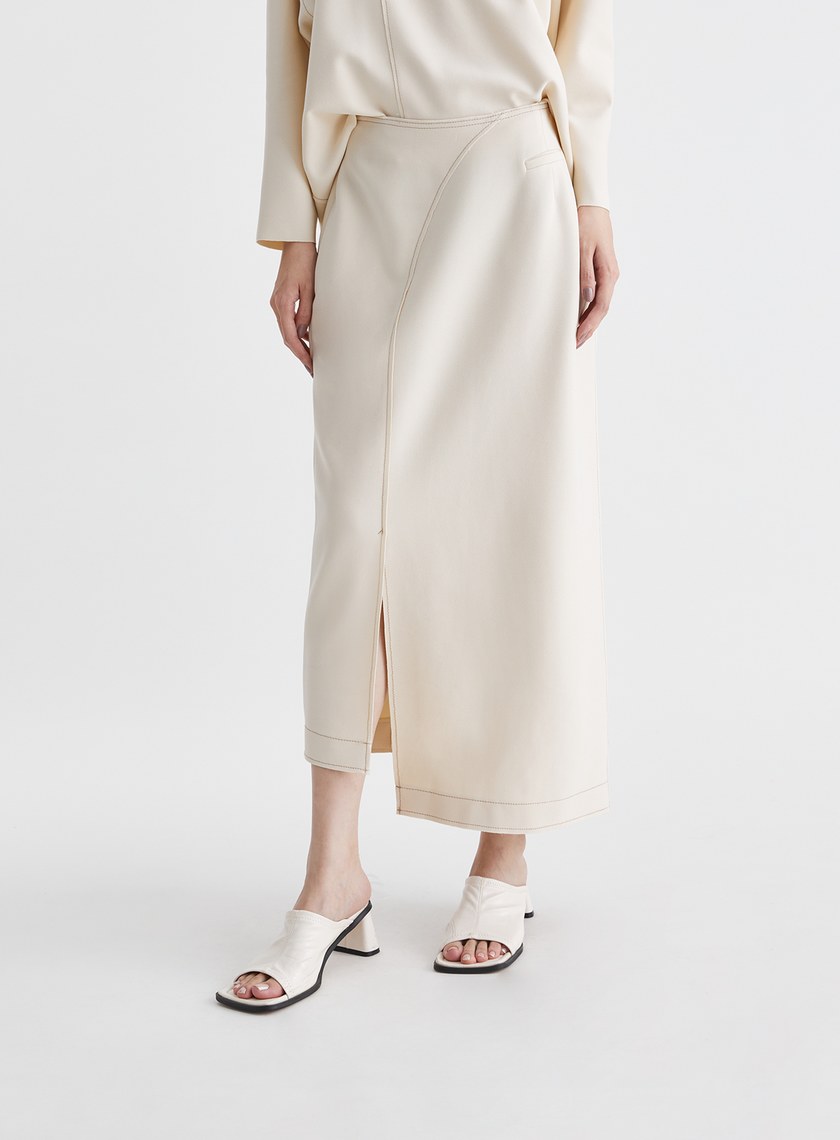 撞色壓線弧形開衩直筒長裙