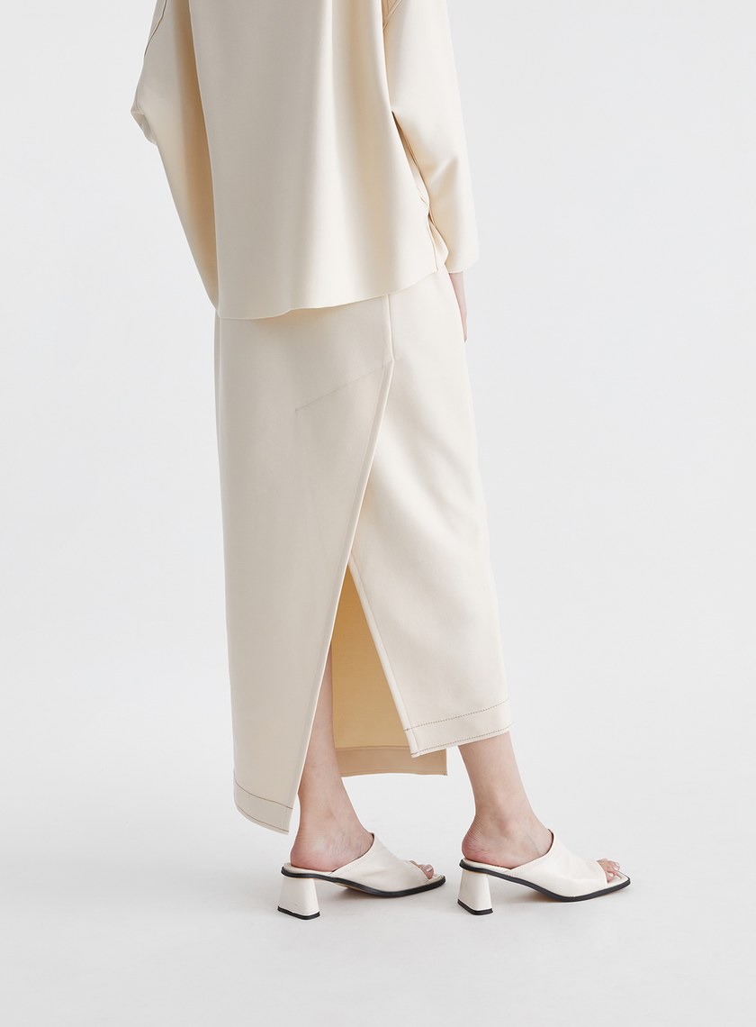 撞色壓線弧形開衩直筒長裙