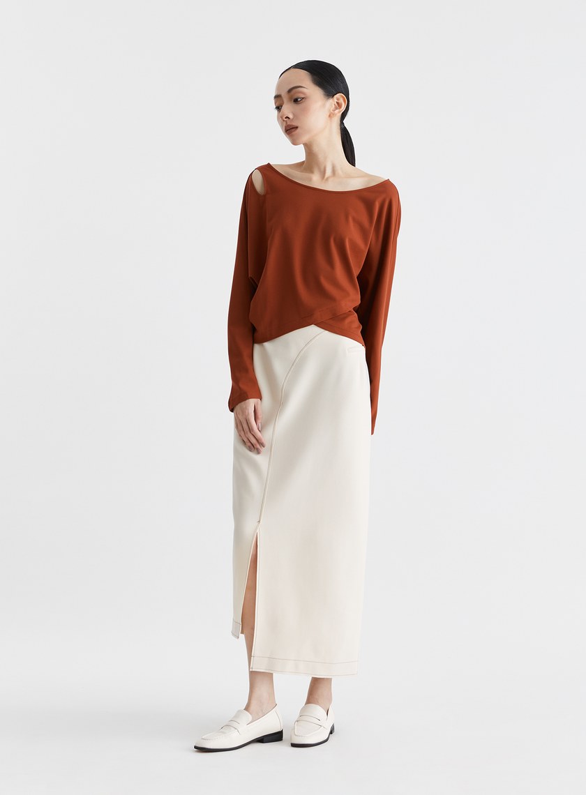 撞色壓線弧形開衩直筒長裙