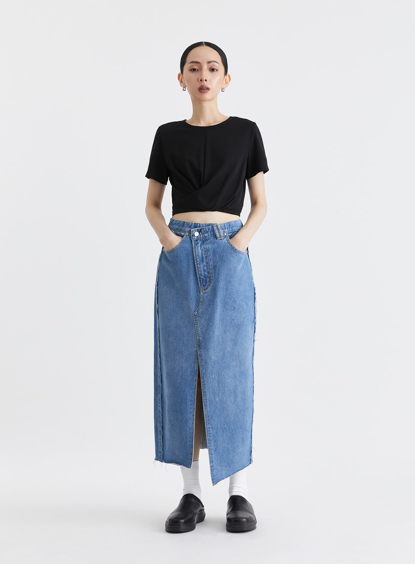 時髦交叉腰頭開衩牛仔裙