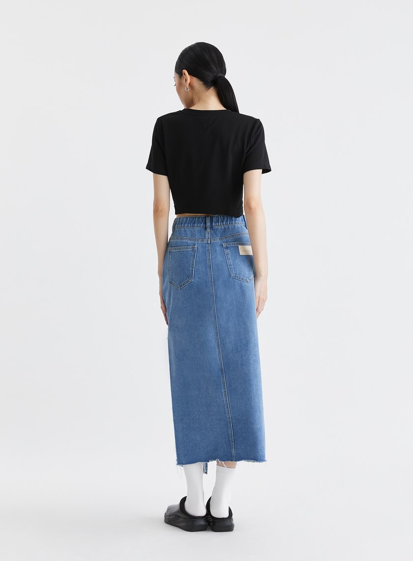 時髦交叉腰頭開衩牛仔裙