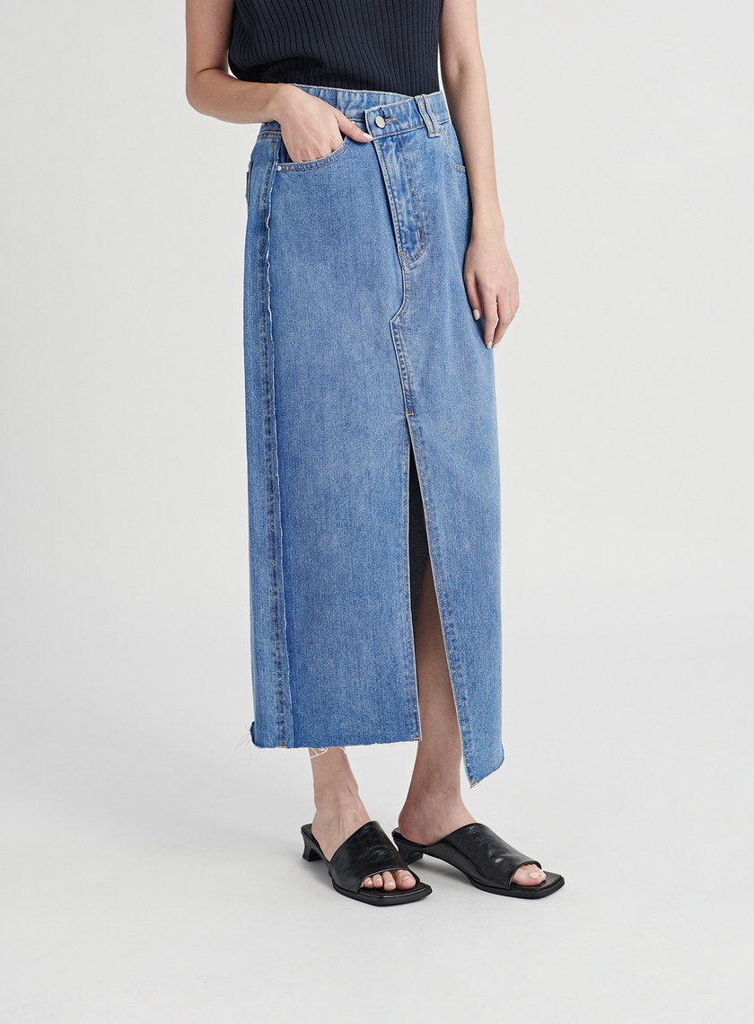 時髦交叉腰頭開衩牛仔裙