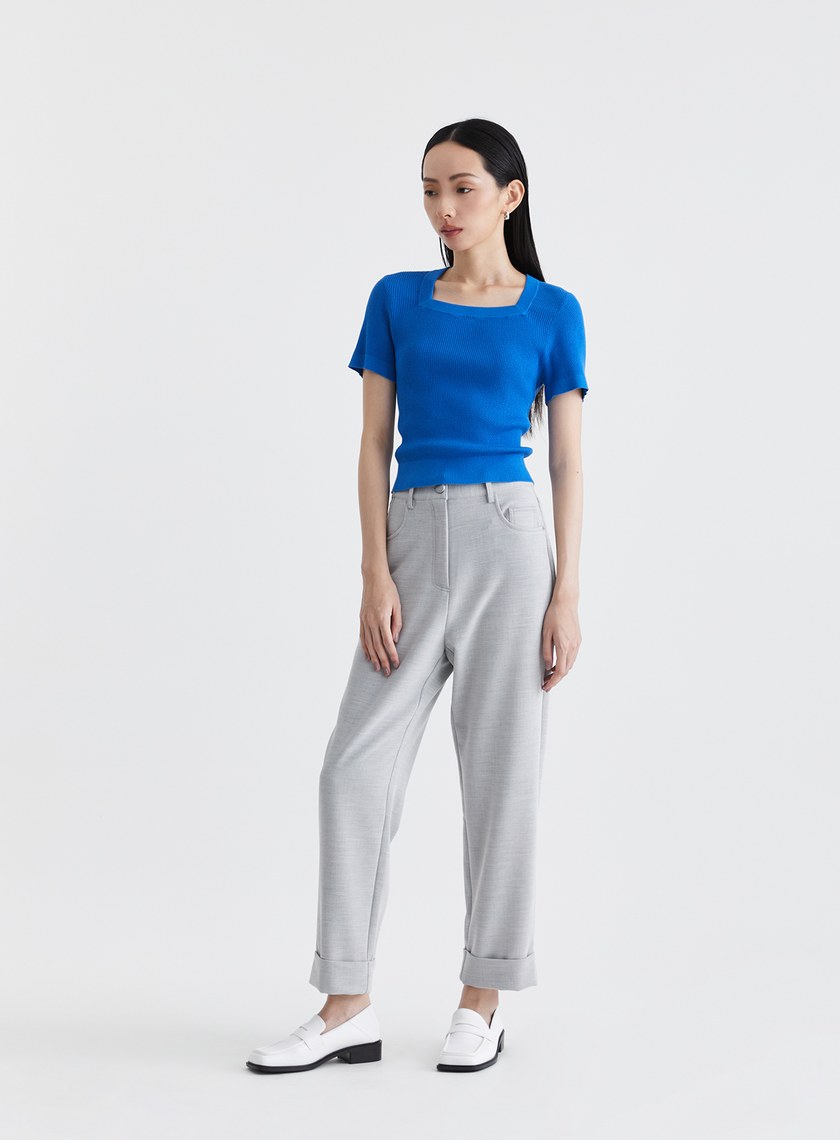 雙色織紋反摺西裝直筒褲