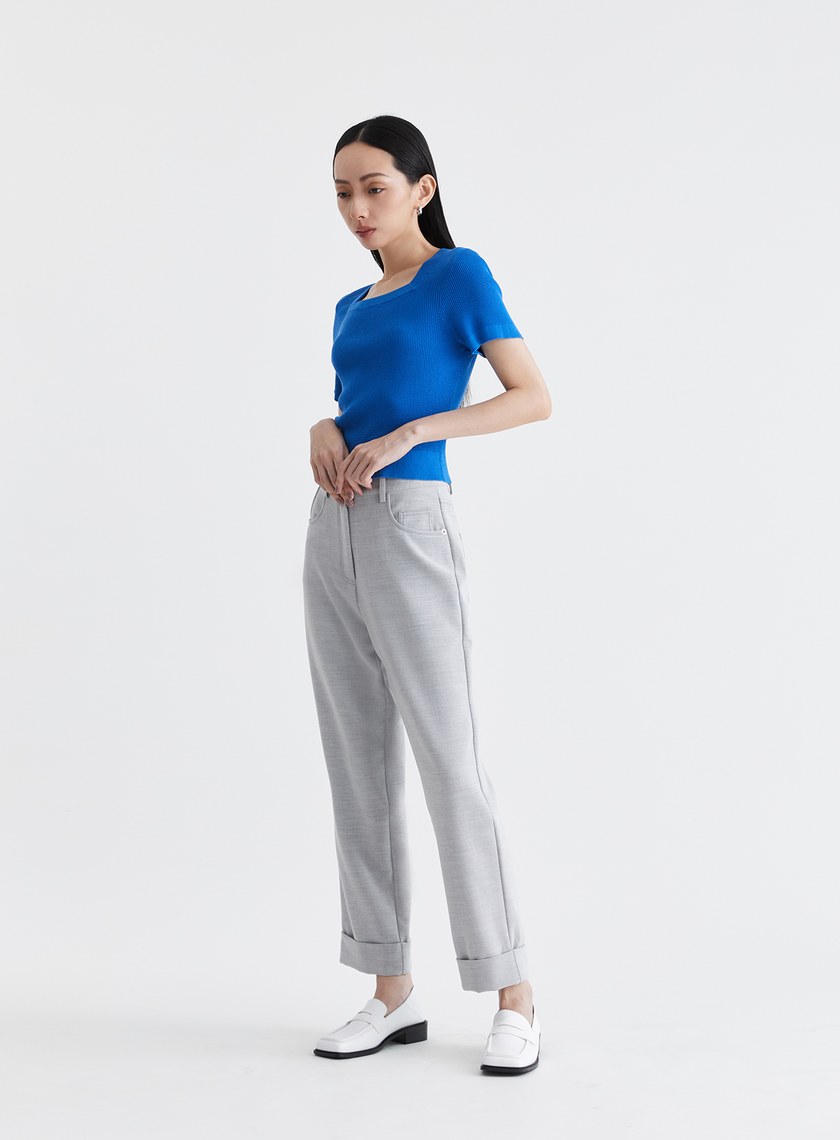 雙色織紋反摺西裝直筒褲