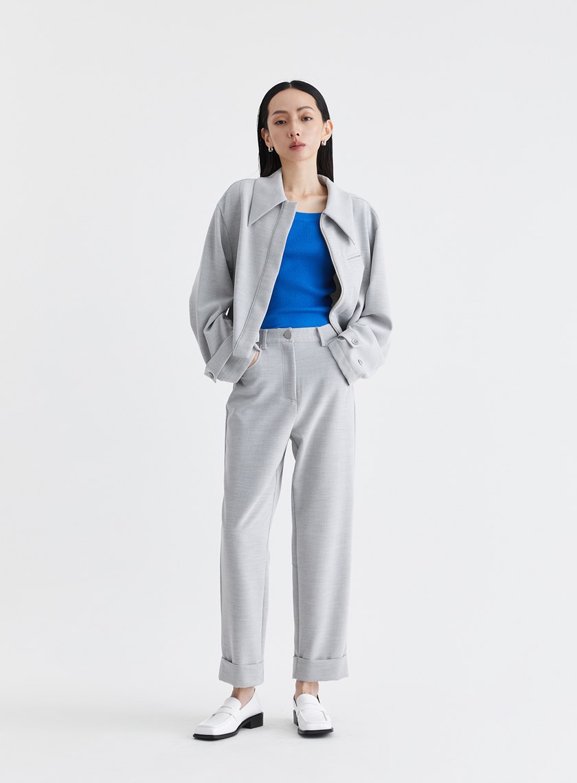 雙色織紋反摺西裝直筒褲