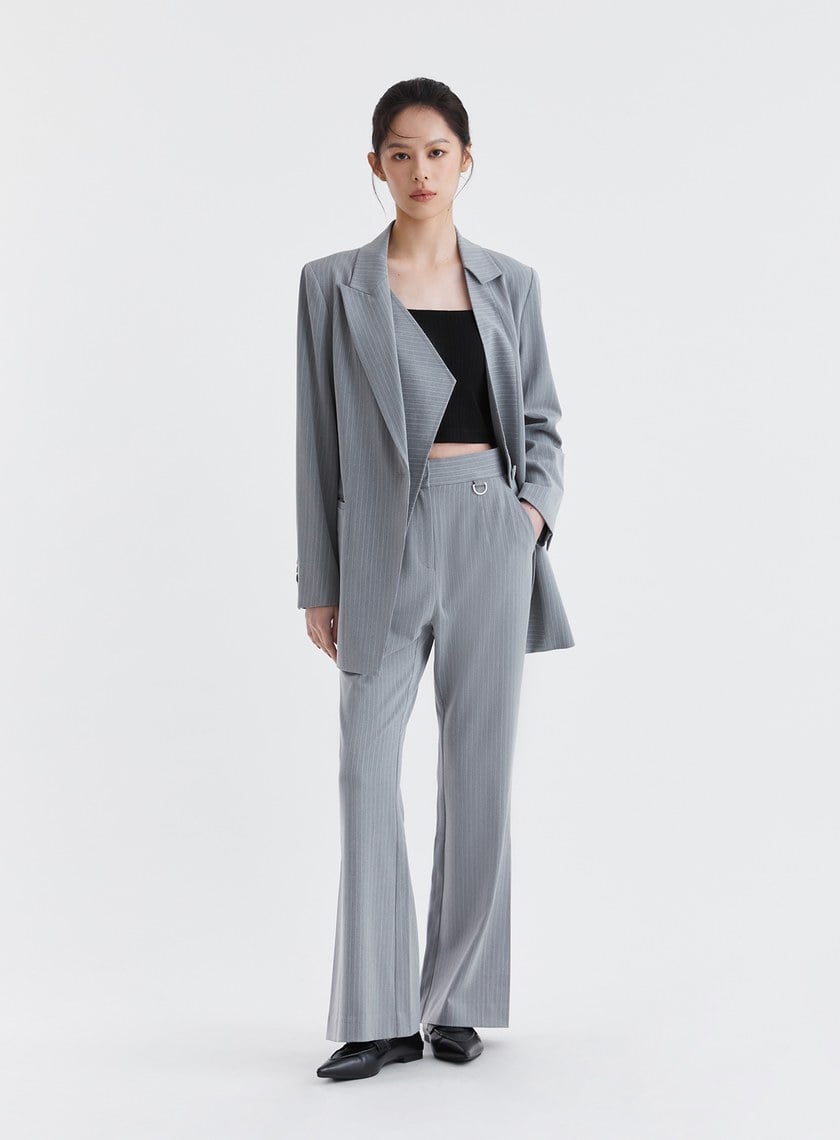 經典細條紋側打褶修身西裝長褲