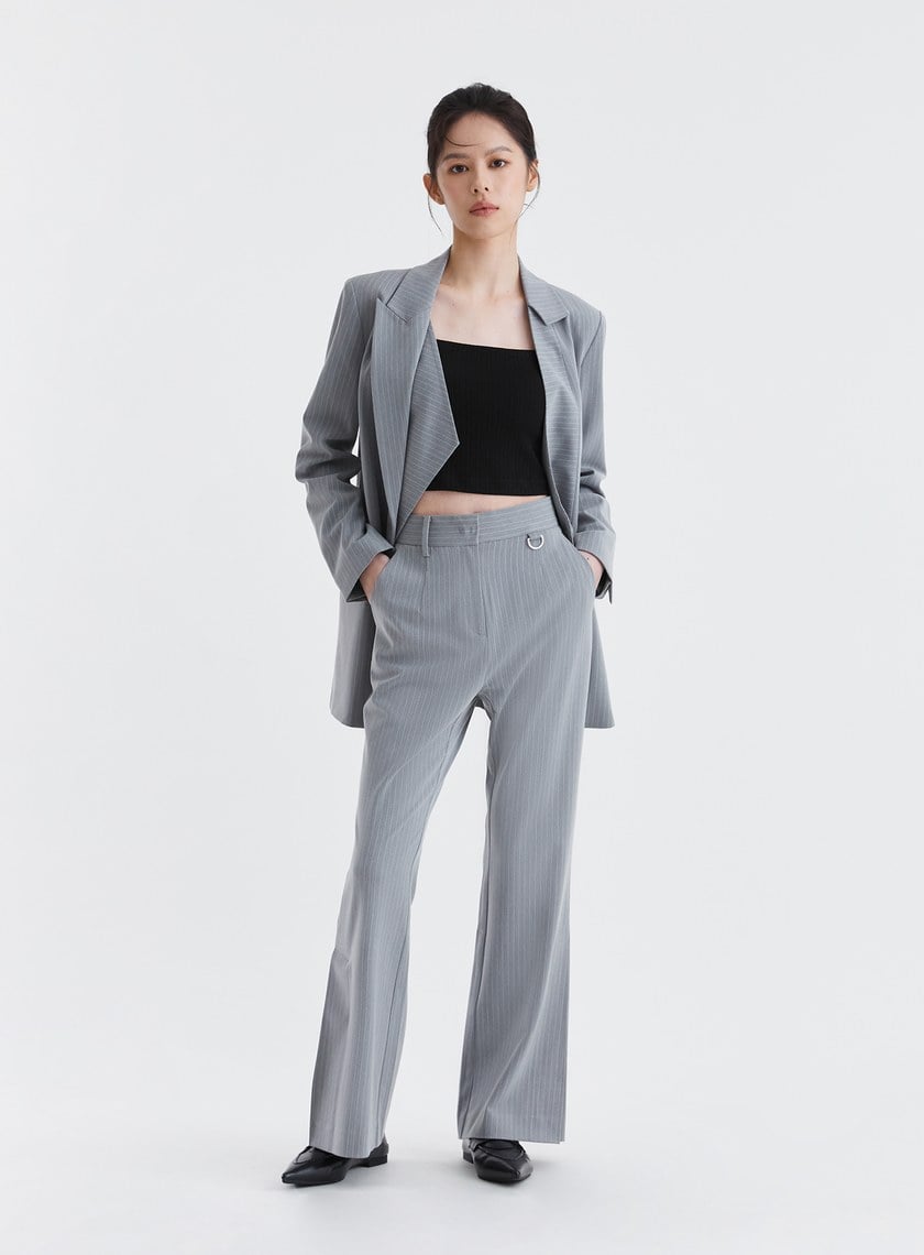 經典細條紋側打褶修身西裝長褲