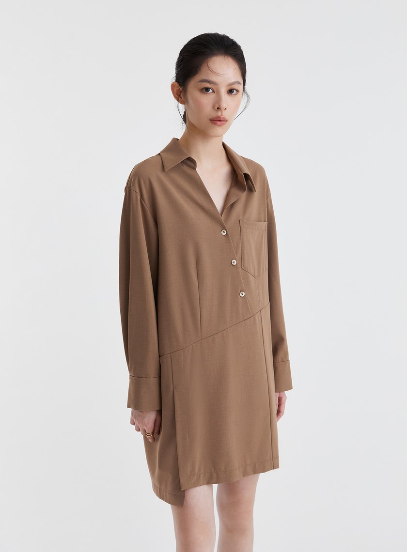 不對稱設計半開襟襯衫洋裝