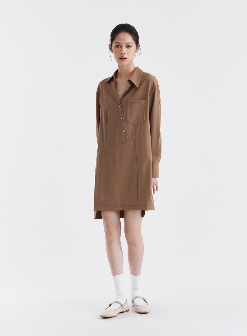 不對稱設計半開襟襯衫洋裝