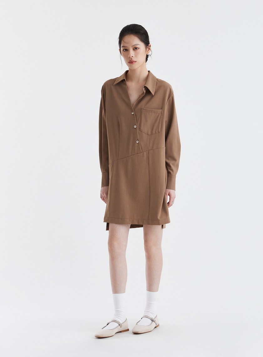 不對稱設計半開襟襯衫洋裝
