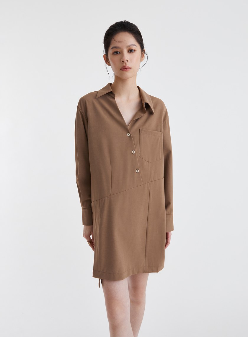 不對稱設計半開襟襯衫洋裝