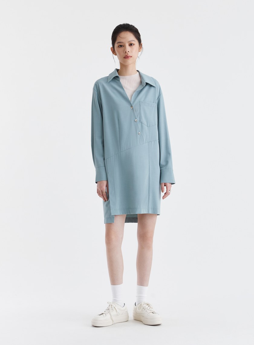 不對稱設計半開襟襯衫洋裝